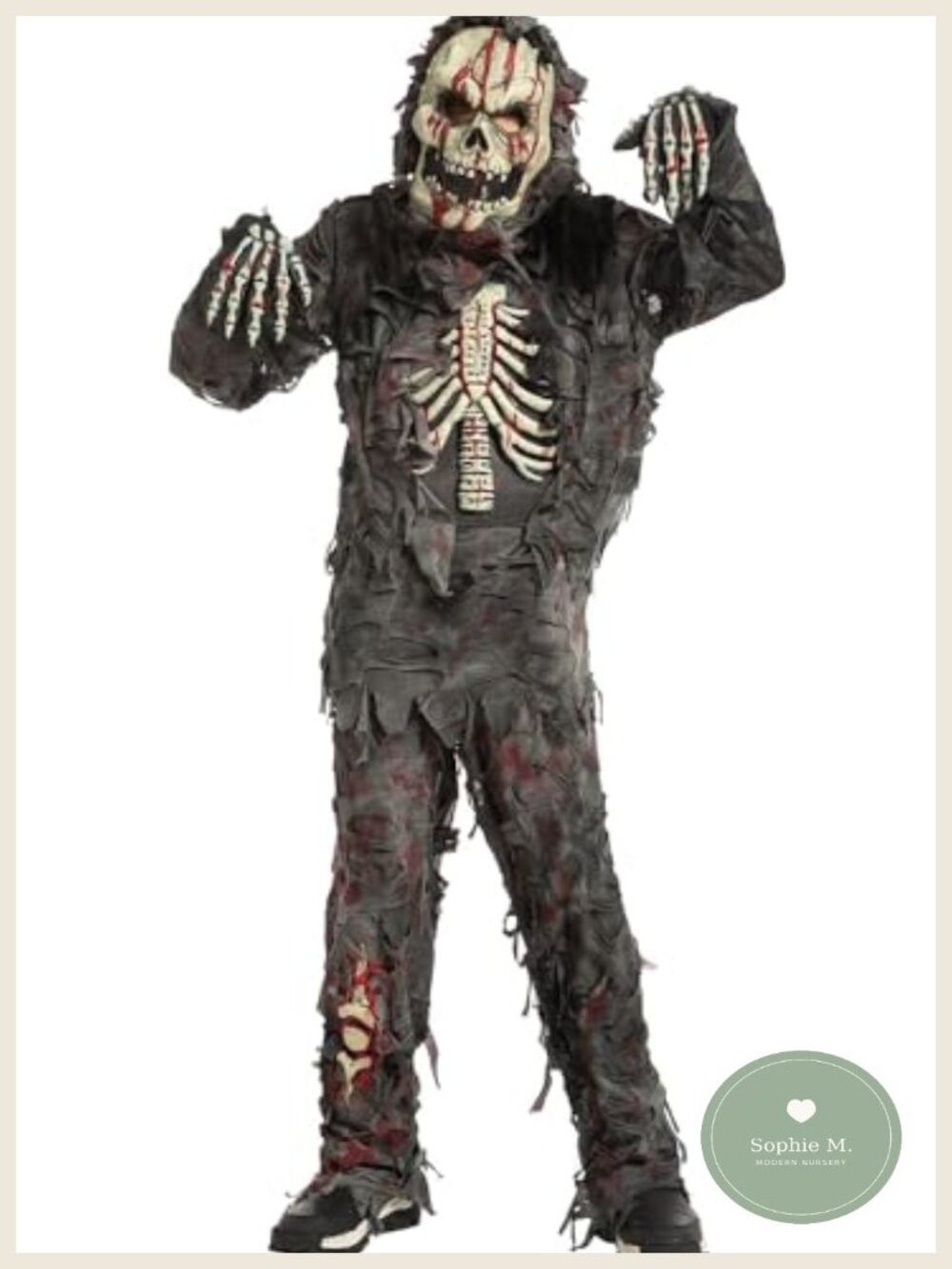 Kids Zombie Costume Set Boys Halloween Hood Mask Top Pants Gloves Role Play